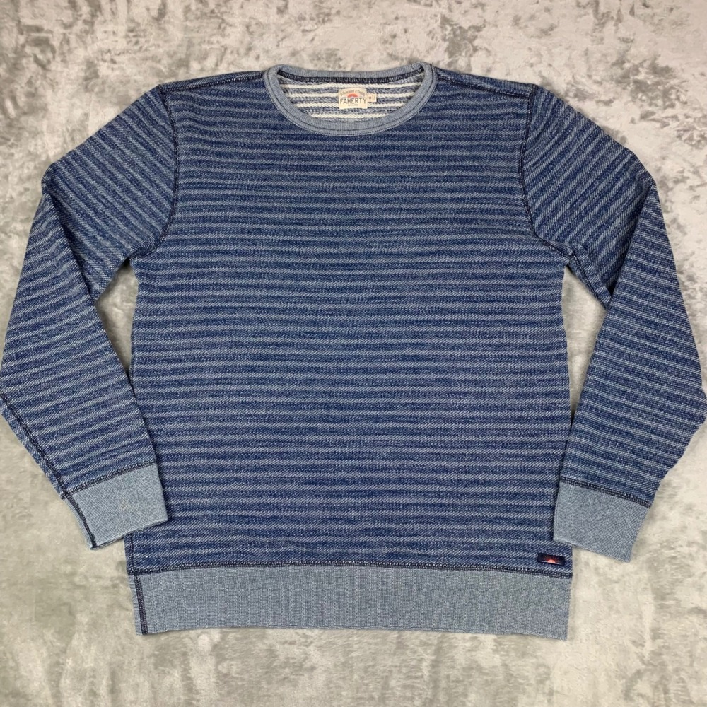 Faherty Crewneck Sweatshirt Mens M Indigo Dyed Striped 100% Cotton Blue Coastal